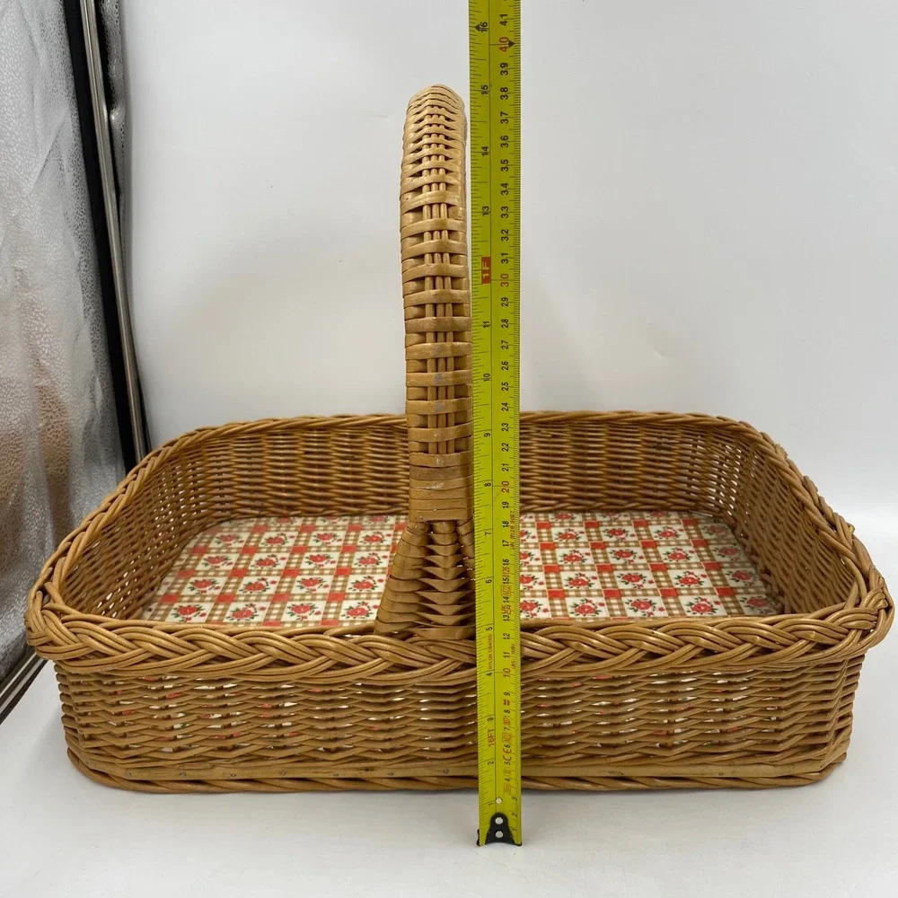 Vintage Large Woven Wicker Basket Gingham Lining Country Rustic Shabby Chic